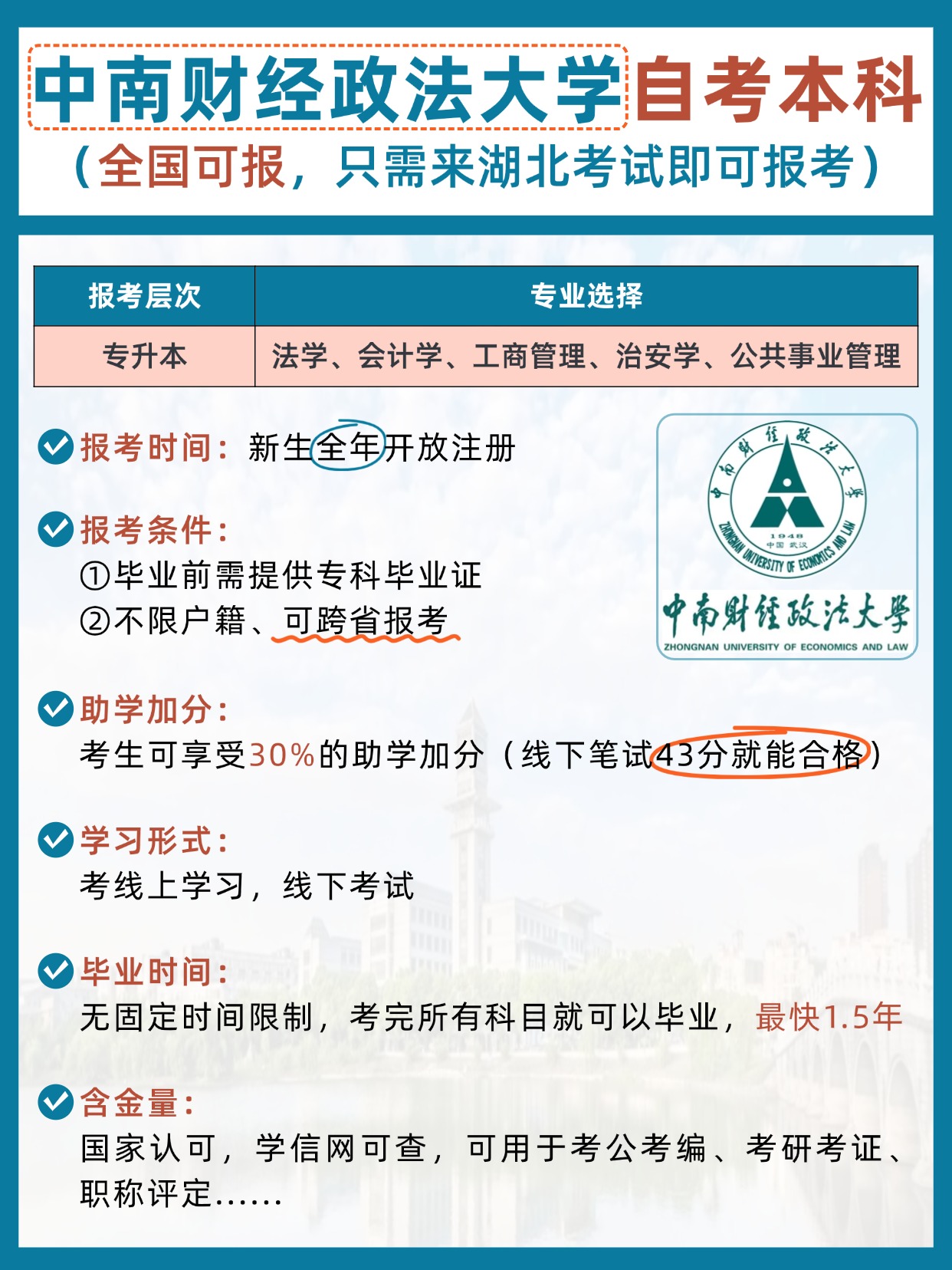 中南财大自考本科：1.5 年毕业是真的吗？