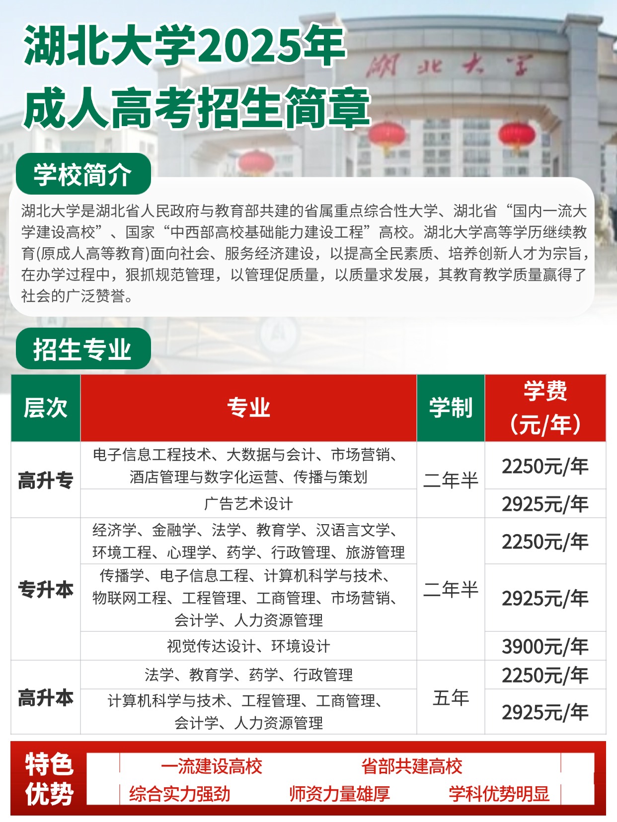 湖北大学成考学费下调！低至2250元年起！速抢！
