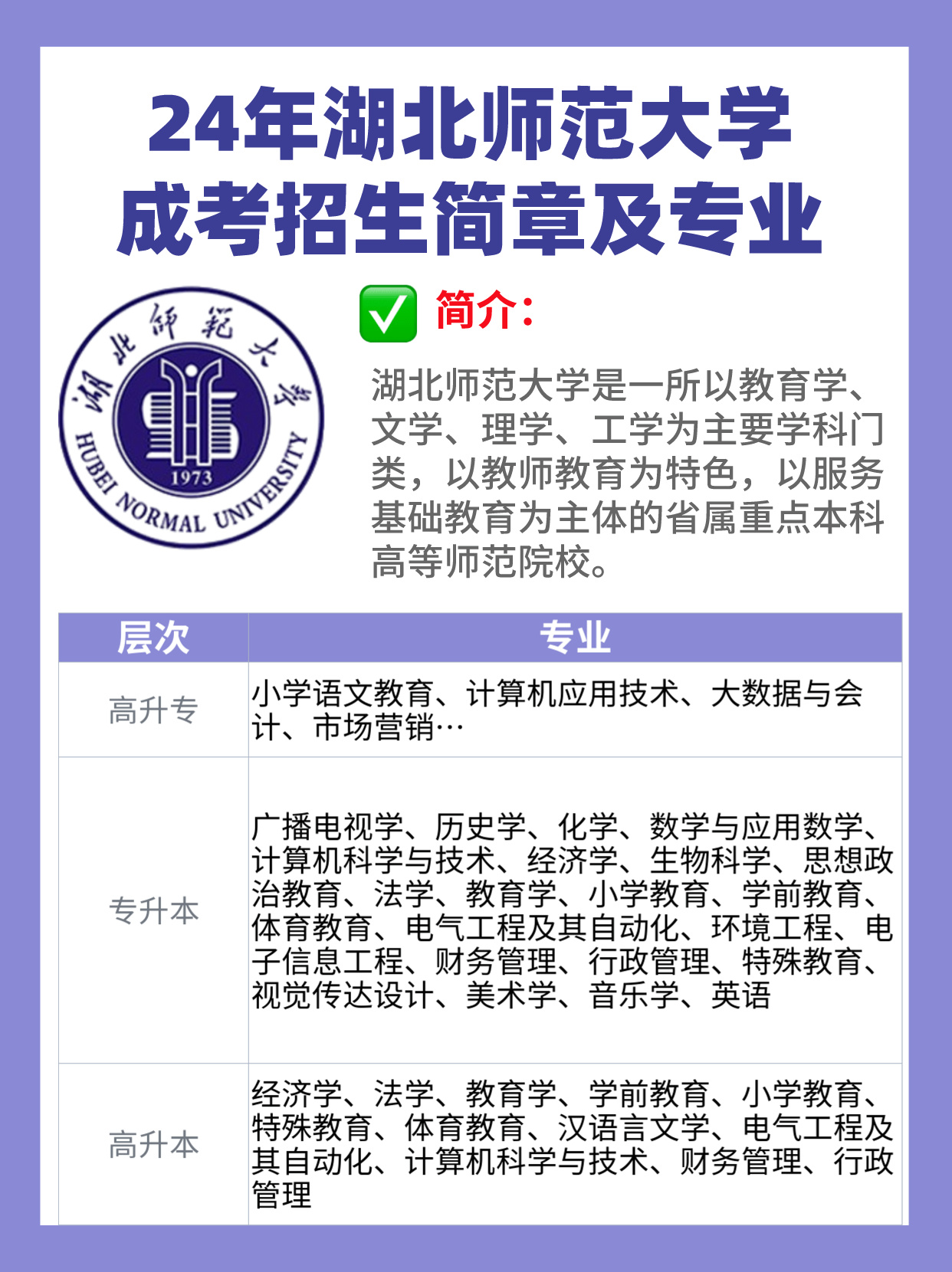 湖北师范大学成考专业有哪些？学习形式如何？